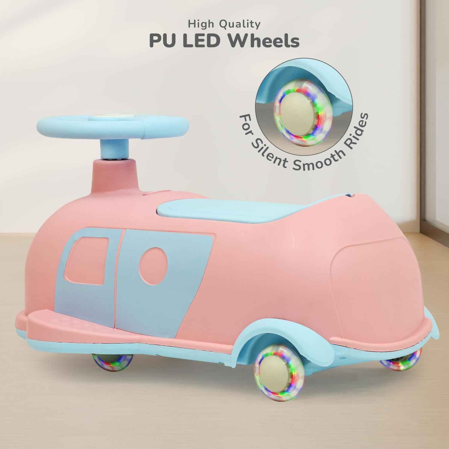 R for Rabbit Iya Iya Caravan 3 in 1 Kids Swing Car, Push & Pull Ride-On with Scratch Free PU LED Wheels & ABEC7 Bearing, Baby Twister Magic Car for 2+ Years Boys & Girls, Upto 75 Kgs (Blue Peach)