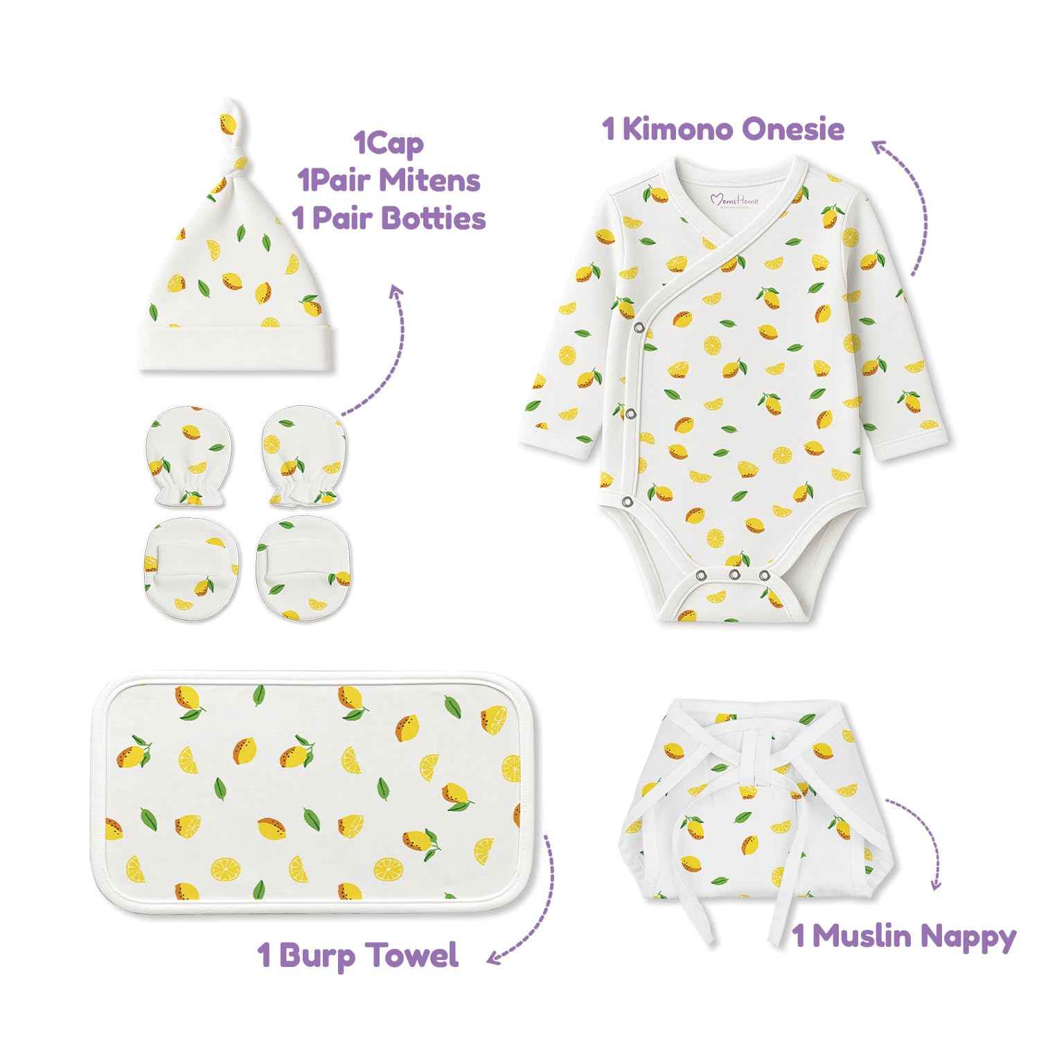 MOM'S HOME Organic Cotton New Born Baby Essentials Gift Set | Baby Shower Gift Hamper | Baby Clothing Gift Combo | Lemon | Pack of 6