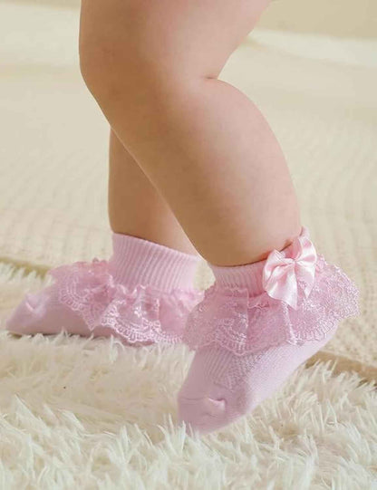 Baby Girls Soft Cotton Lace Ankle Socks - Multicolor Frilly Socks with Bows & Flowers | Pack of 3 | Newborn to 12 Months | Cute Infant Socks for Party