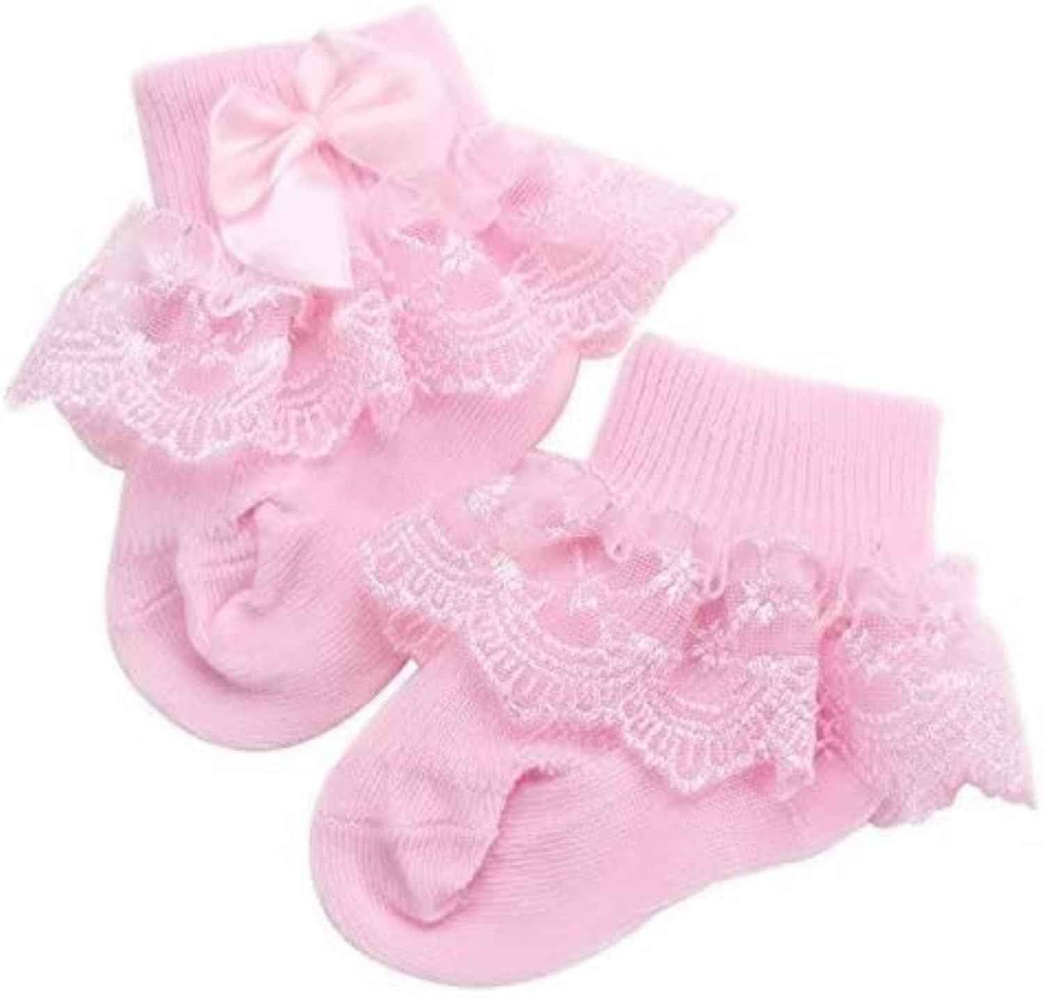 Baby Girls Soft Cotton Lace Ankle Socks - Multicolor Frilly Socks with Bows & Flowers | Pack of 3 | Newborn to 12 Months | Cute Infant Socks for Party