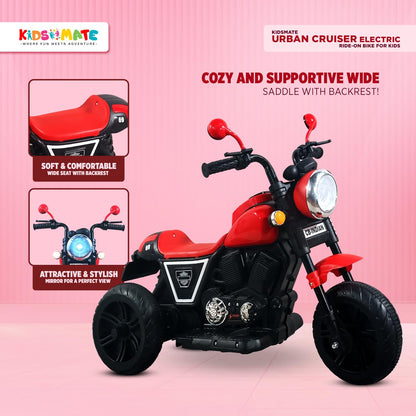 Kidsmate Urban Cruiser Electric Ride-On Bike for Kids | Stylish Chopper Design with LED Lights, Music & USB Bluetooth | 6V Battery-Powered Kids Motor Bike for Boys & Girls 1-5 Yrs - Red