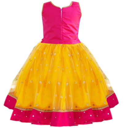 Stanwells Kids Girls Orange & Magenta Mirror Work Flared Net Sleeveless Lehenga Choli Set Pattupavadai for Girls