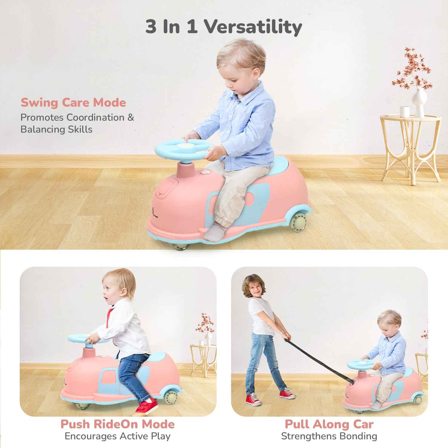 R for Rabbit Iya Iya Caravan 3 in 1 Kids Swing Car, Push & Pull Ride-On with Scratch Free PU LED Wheels & ABEC7 Bearing, Baby Twister Magic Car for 2+ Years Boys & Girls, Upto 75 Kgs (Blue Peach)