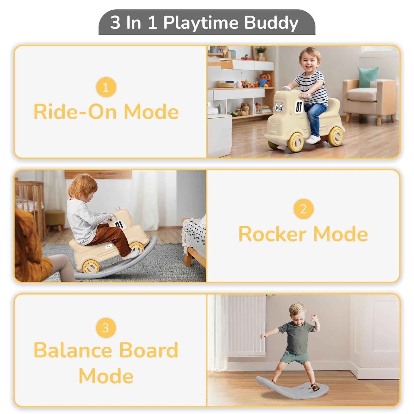 R for Rabbit Rock N Ride 3 in 1 Baby Push Ride-On Car with Rocker & Balance Board Mode | Non-Toxic, Durable and Safe Rocking Horse Rider for Kids 1-4 Years Age, Upto 20kgs Weight (Blue Orange)