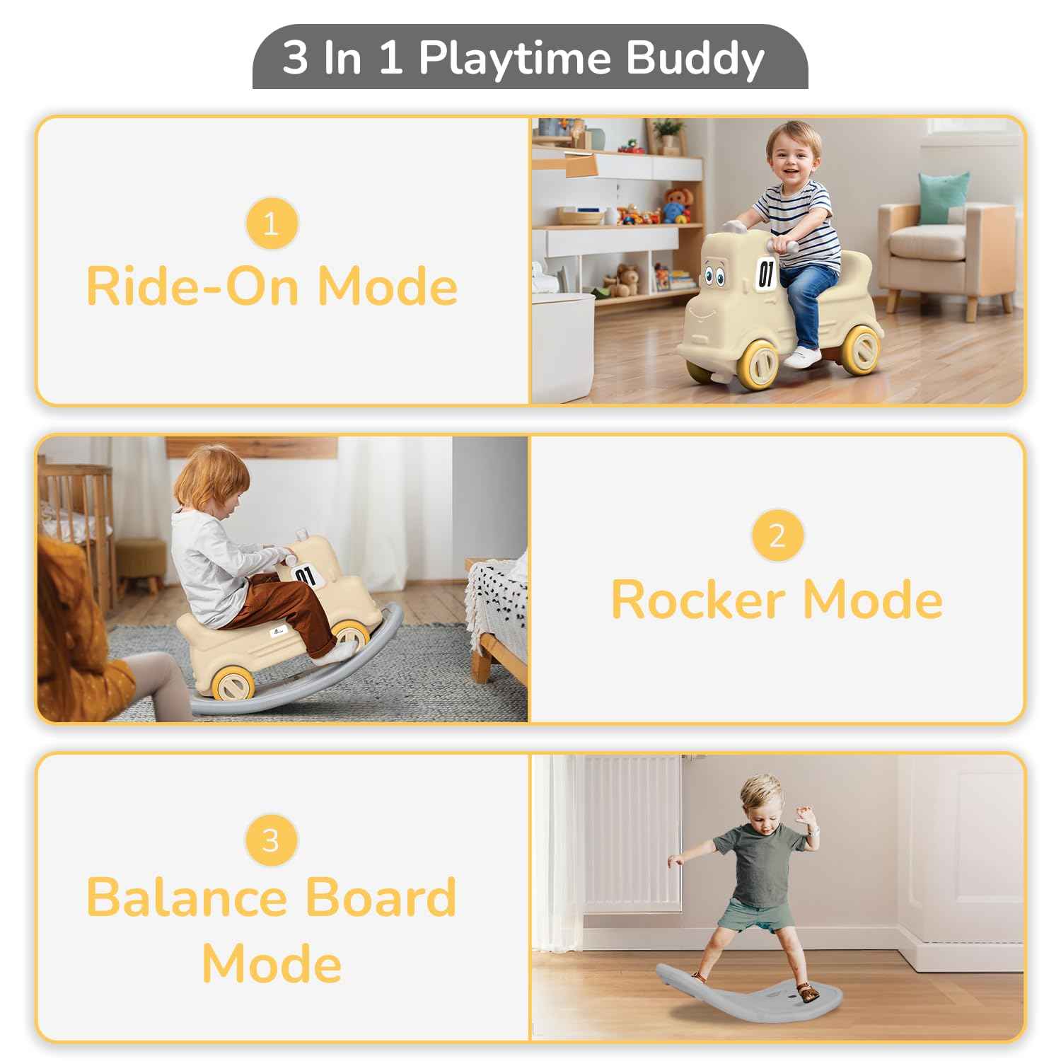 R for Rabbit Rock N Ride 3 in 1 Baby Push Ride-On Car with Rocker & Balance Board Mode | Non-Toxic, Durable and Safe Rocking Horse Rider for Kids 1-4 Years Age, Upto 20kgs Weight (Blue Orange)
