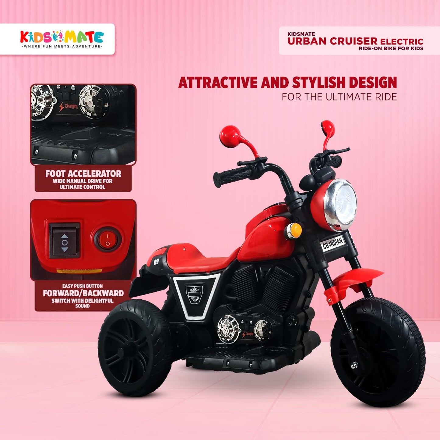 Kidsmate Urban Cruiser Electric Ride-On Bike for Kids | Stylish Chopper Design with LED Lights, Music & USB Bluetooth | 6V Battery-Powered Kids Motor Bike for Boys & Girls 1-5 Yrs - Red