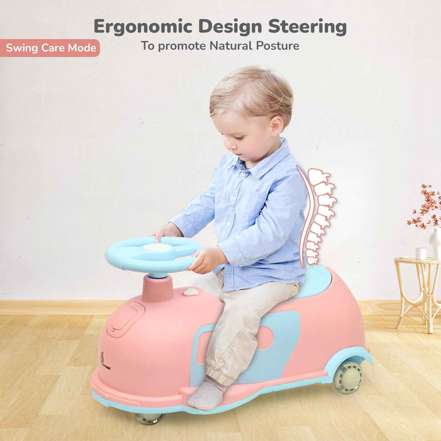R for Rabbit Iya Iya Caravan 3 in 1 Kids Swing Car, Push & Pull Ride-On with Scratch Free PU LED Wheels & ABEC7 Bearing, Baby Twister Magic Car for 2+ Years Boys & Girls, Upto 75 Kgs (Blue Peach)