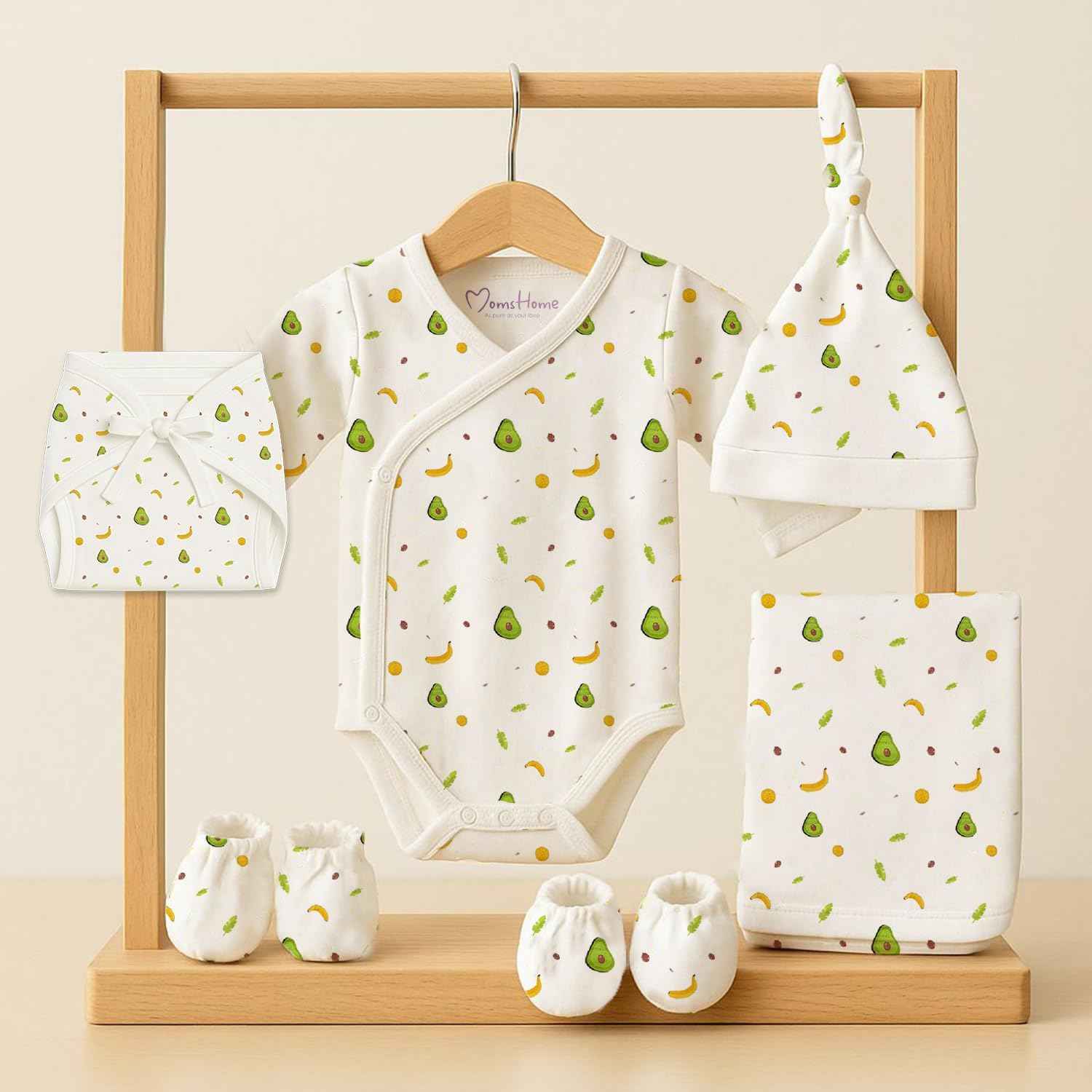 MOM'S HOME Organic Cotton Baby Clothing Set | Baby Essential Clothes For Newborn | Baby Shower Gift Hamper | 0-6 Months | Avocado | Pack of 6