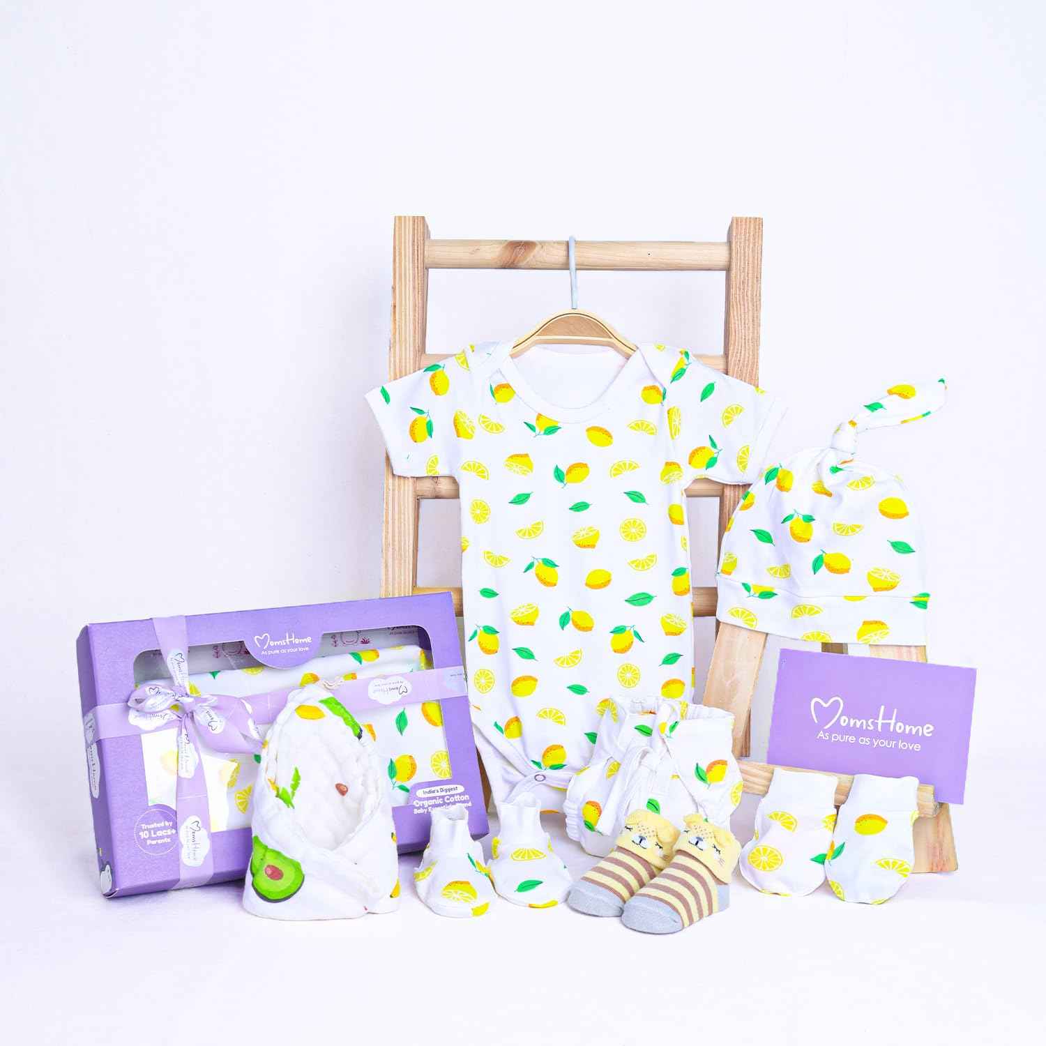 MOM'S HOME Organic Cotton Baby Essentials Gift Set | Baby Shower Gift Hamper | Baby Clothing Gift Combo | Lemon | Pack of 7