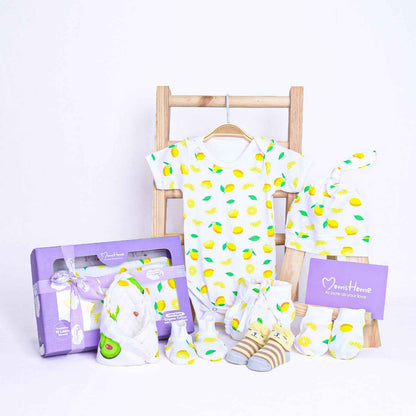 MOM'S HOME Organic Cotton Baby Essentials Gift Set | Baby Shower Gift Hamper | Baby Clothing Gift Combo | Lemon | Pack of 7