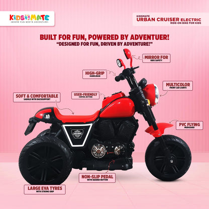 Kidsmate Urban Cruiser Electric Ride-On Bike for Kids | Stylish Chopper Design with LED Lights, Music & USB Bluetooth | 6V Battery-Powered Kids Motor Bike for Boys & Girls 1-5 Yrs - Red
