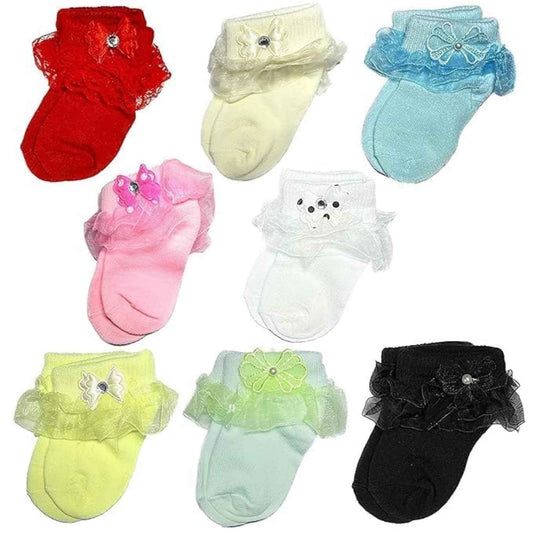 Baby Girls Soft Cotton Lace Ankle Socks - Multicolor Frilly Socks with Bows & Flowers | Pack of 3 | Newborn to 12 Months | Cute Infant Socks for Party