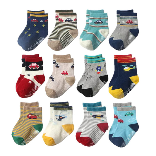 FIMALIA Organic Cotton Anti-Skid Socks Non Slip Kids Toddler Socks with Grip | (Pack of 4,6 &12 Pair) (Color & Print May Vary) (0 to 5 years size)