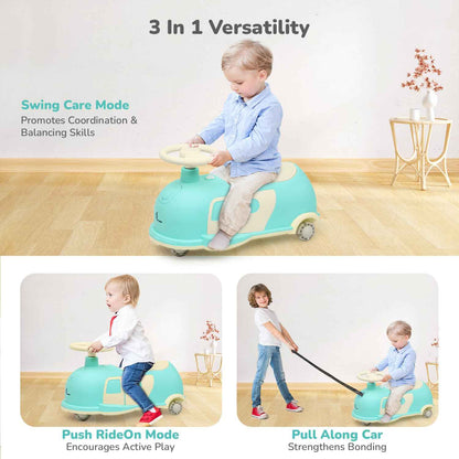 R for Rabbit Iya Iya Caravan 3 in 1 Kids Swing Car, Push & Pull Ride-On with Scratch Free PU LED Wheels & ABEC7 Bearing, Baby Twister Magic Car for 2+ Years Boys & Girls, Upto 75 Kgs (Blue Peach)