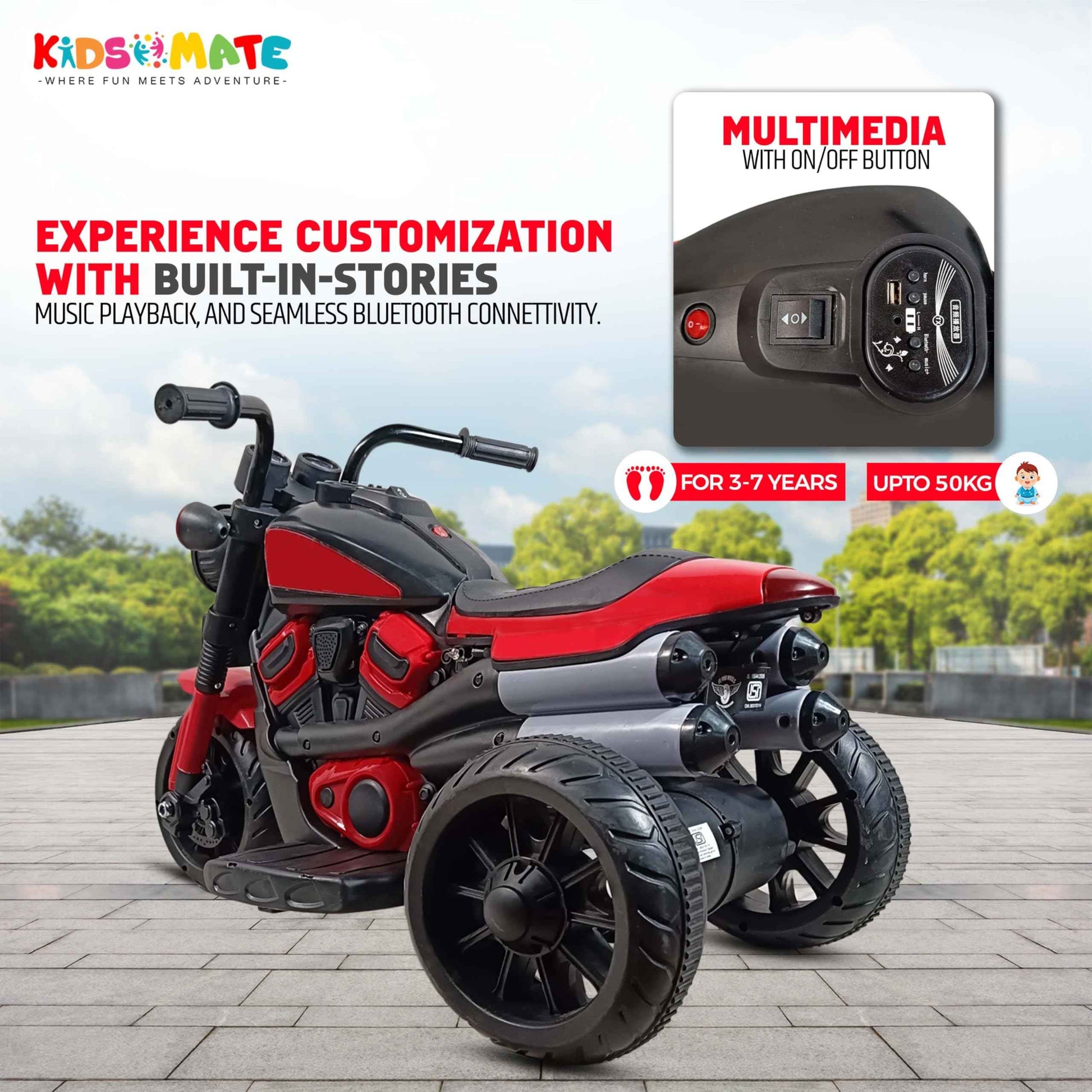 Kidsmate Urban Cruiser Electric Ride-On Bike for Kids | Stylish Chopper Design with LED Lights, Music & USB Bluetooth | 6V Battery-Powered Kids Motor Bike for Boys & Girls 1-5 Yrs - Red