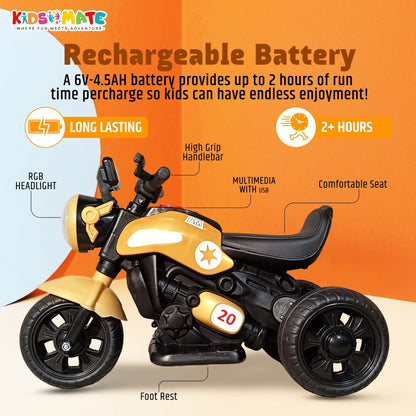 Kidsmate Urban Cruiser Electric Ride-On Bike for Kids | Stylish Chopper Design with LED Lights, Music & USB Bluetooth | 6V Battery-Powered Kids Motor Bike for Boys & Girls 1-5 Yrs - Red