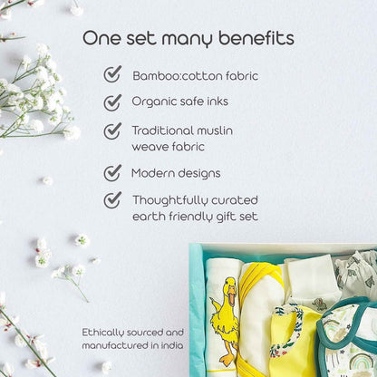 TINYLANE - Curated For You! Newborn Baby Products Gift Set (13 Pcs), Essential Clothing Gift Kit For Infants Of 0-3 Years, Swaddles, Bibs, Cap, Booties, Mittens & Washcloths, Ideal Baby Shower Gift Pack