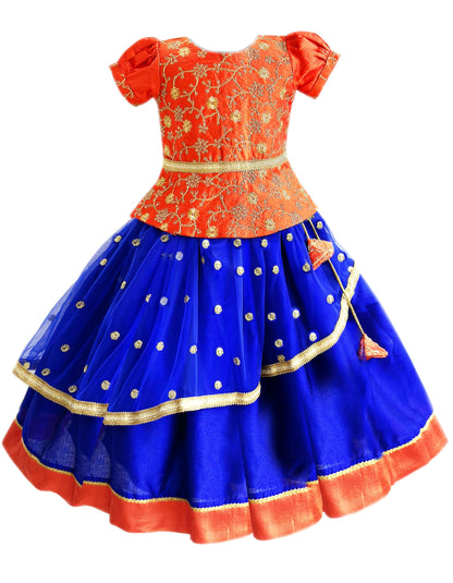 Stanwells Kids Girls Orange & Magenta Mirror Work Flared Net Sleeveless Lehenga Choli Set Pattupavadai for Girls