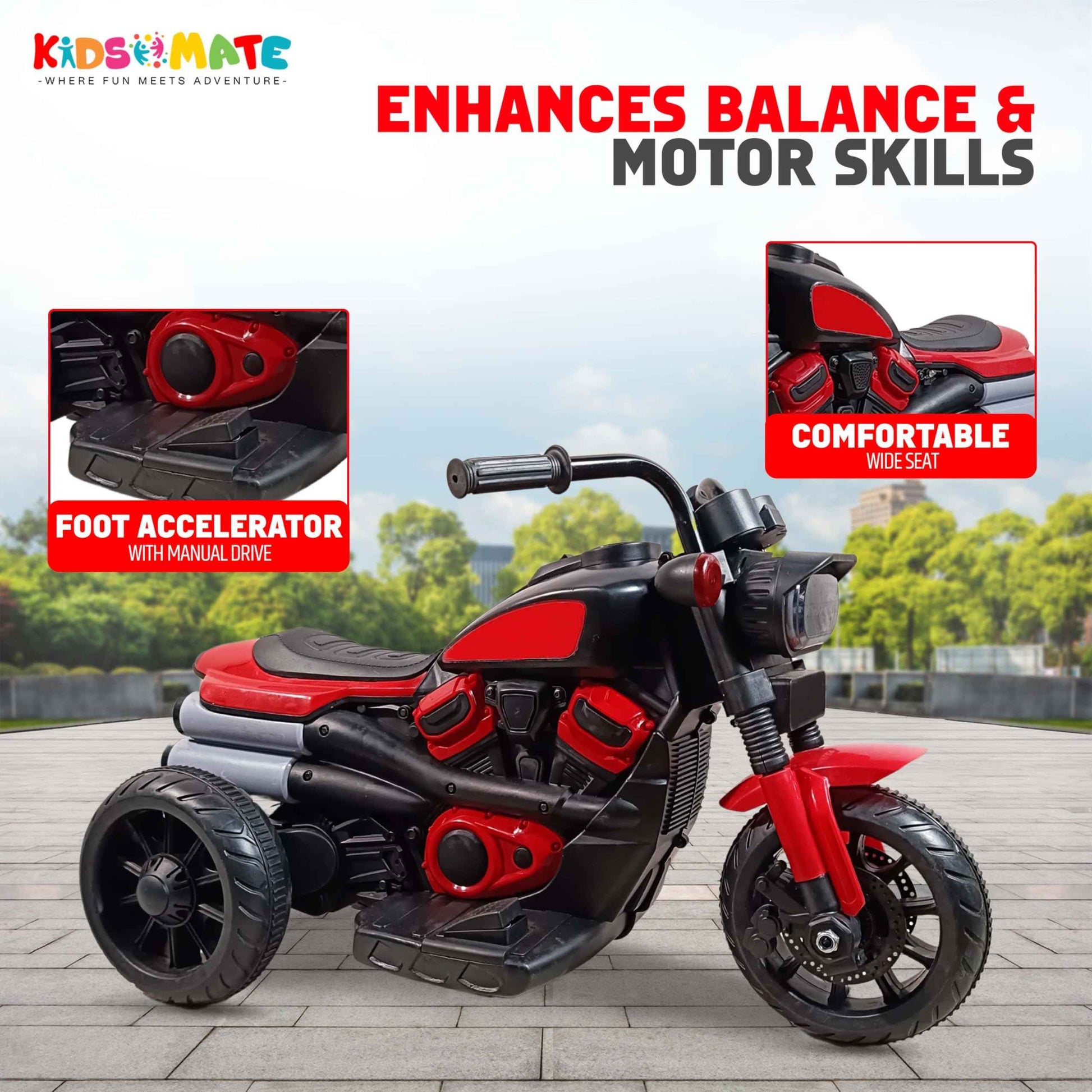 Kidsmate Urban Cruiser Electric Ride-On Bike for Kids | Stylish Chopper Design with LED Lights, Music & USB Bluetooth | 6V Battery-Powered Kids Motor Bike for Boys & Girls 1-5 Yrs - Red
