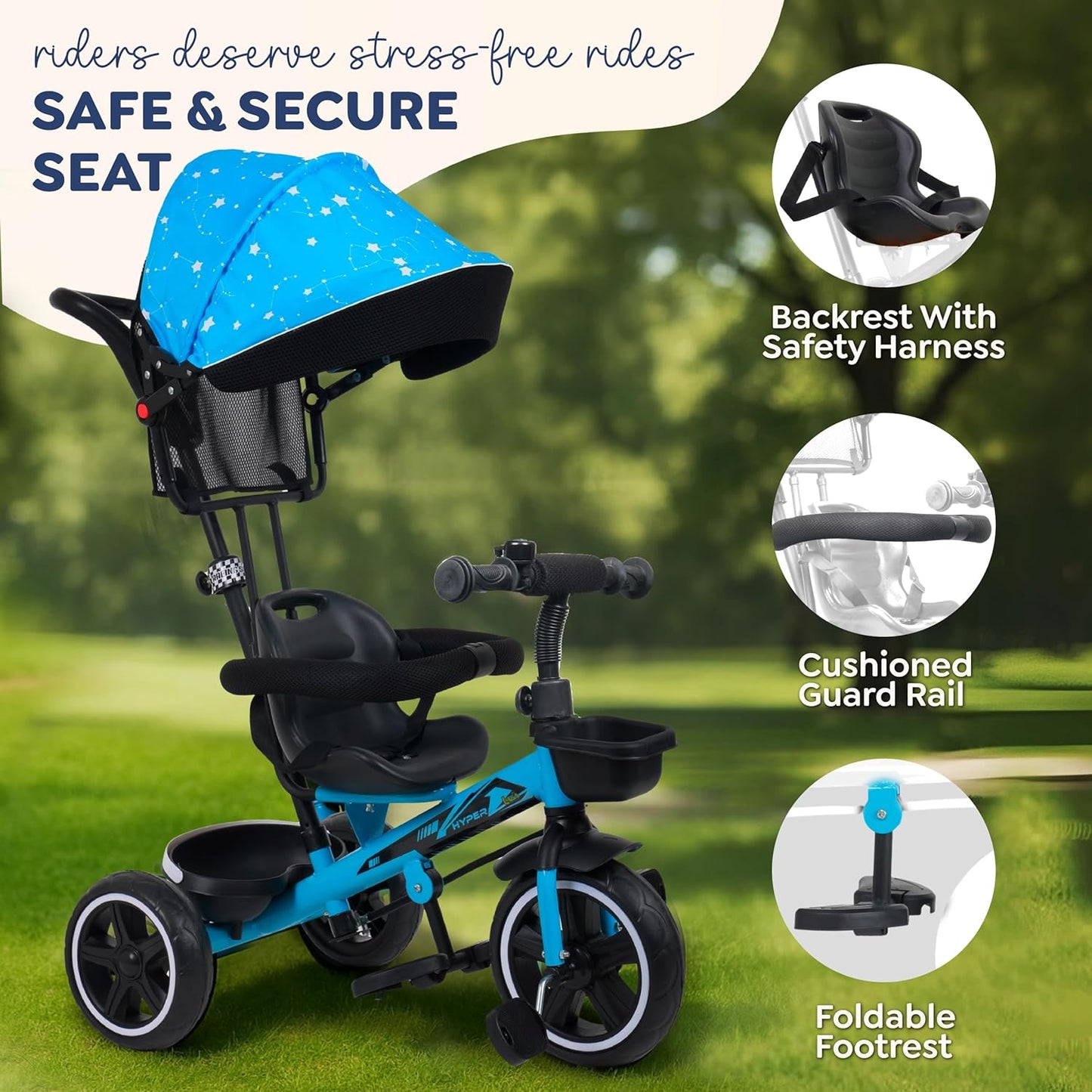 Luusa® TFT Hyper 500 PRO Canopy Plug N Play Tricycle/Baby Tricycle with Parental Control for Age Group 2+ Years Boys/Girls/Carrying Capacity Upto 30-KGS Proudly Made in India (ICE-Blue)