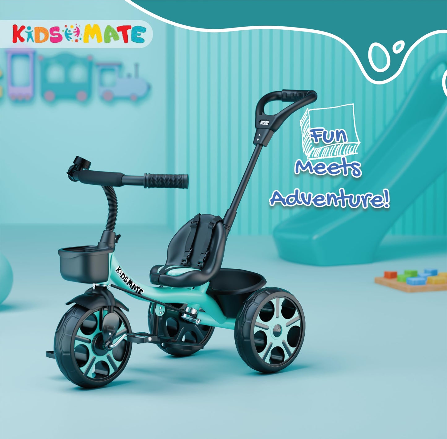 Kidsmate Xplorer 3-in-1 Tricycle for Kids | Durable Plug & Play Baby Trike with EVA Wheels, Safety Rail & Push Handle for Parents | Safe & Comfortable Ride for Toddlers 12-48 Months