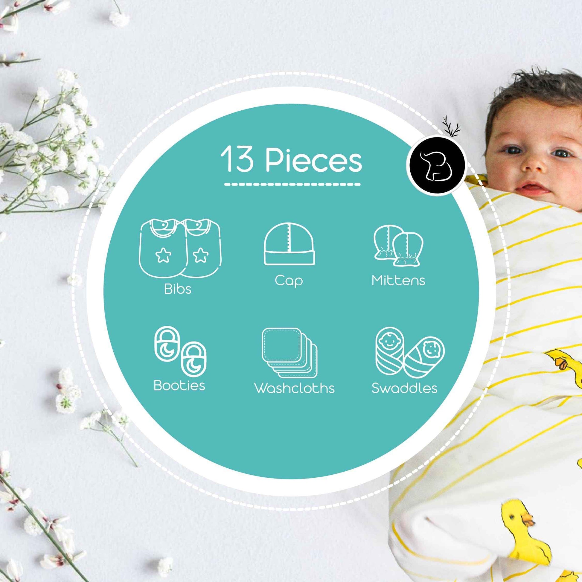 TINYLANE - Curated For You! Newborn Baby Products Gift Set (13 Pcs), Essential Clothing Gift Kit For Infants Of 0-3 Years, Swaddles, Bibs, Cap, Booties, Mittens & Washcloths, Ideal Baby Shower Gift Pack