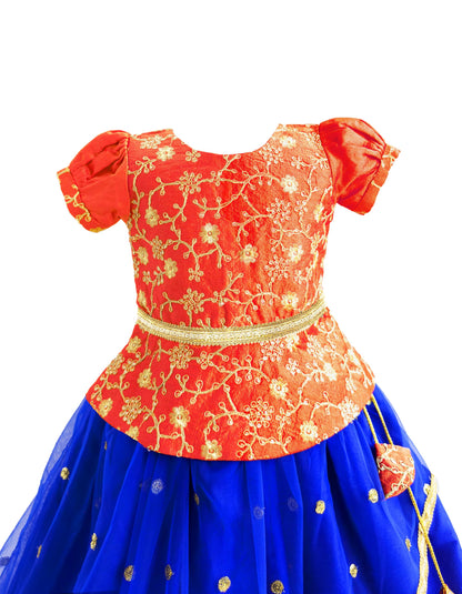Stanwells Kids Girls Orange & Magenta Mirror Work Flared Net Sleeveless Lehenga Choli Set Pattupavadai for Girls