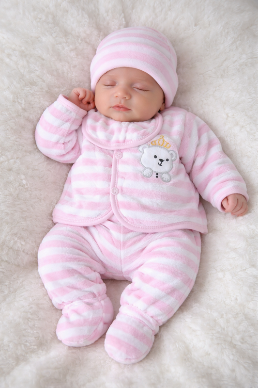 Adorable Light Pink New Born Set With Two Pajamas, Cap and Bib