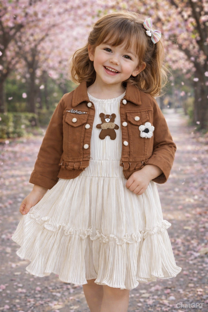 Adorable Baby Girl Dress with Jacket and Teddy Bear Design - Cute Toddler Outfit