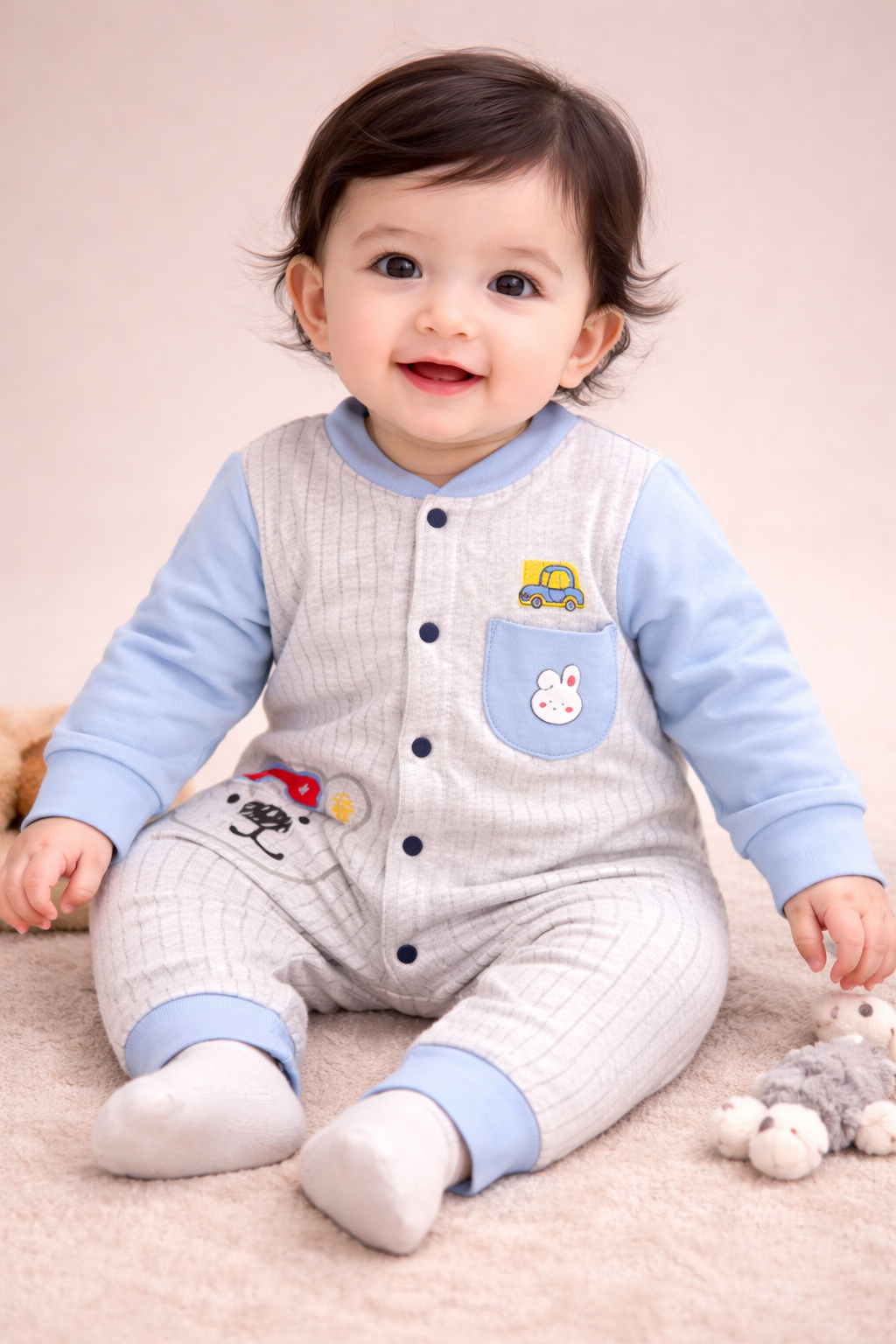 Adorable Gray Striped Baby Onesie for Infants with Blue Accents