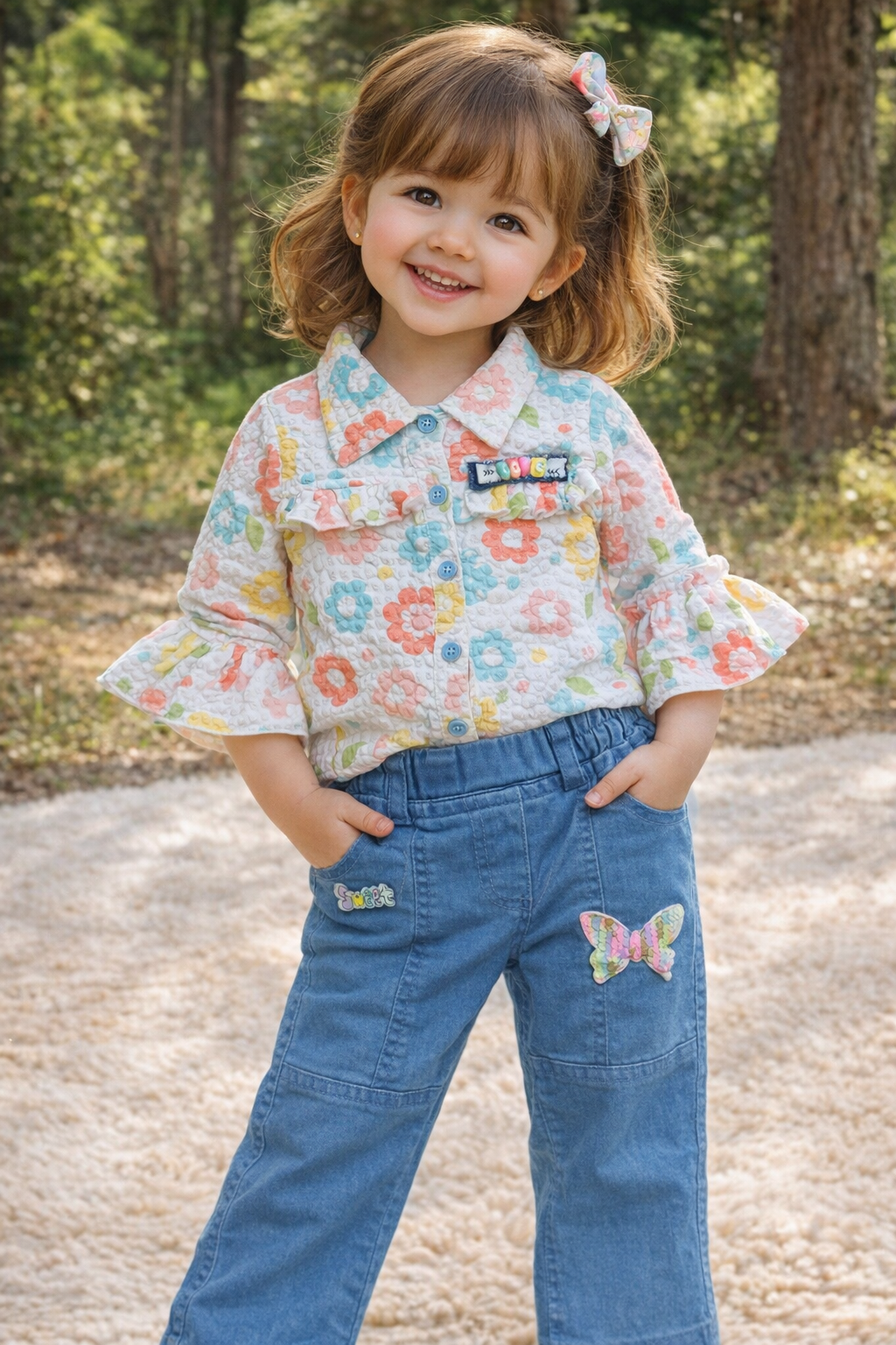 Charming Girls Floral Outfit Set for Girls with Floral Top and Denim Jeans
