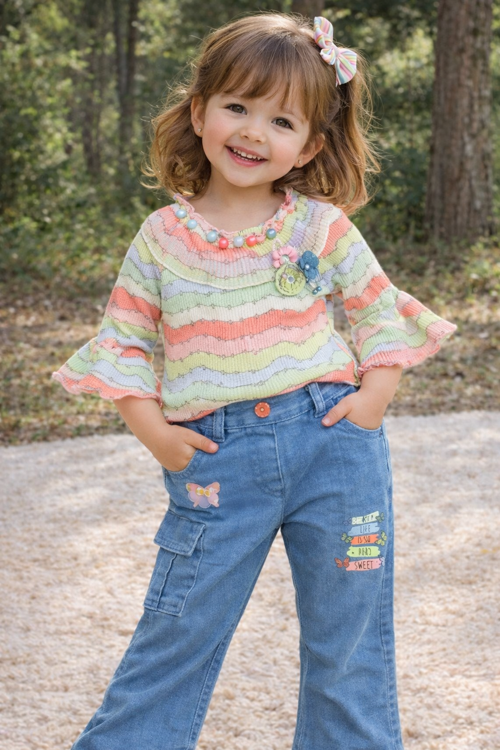 Stylish Striped Outfit Set for Girls with Denim Jeans