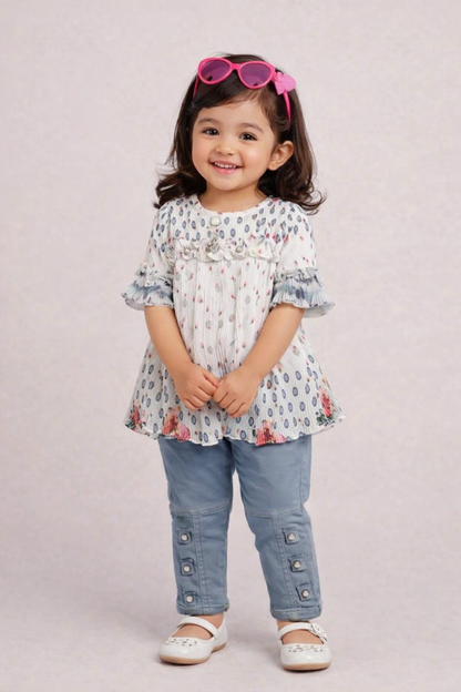 Charming Floral Girls Outfit - Top and Jeans Set for Birthdays and Weddings