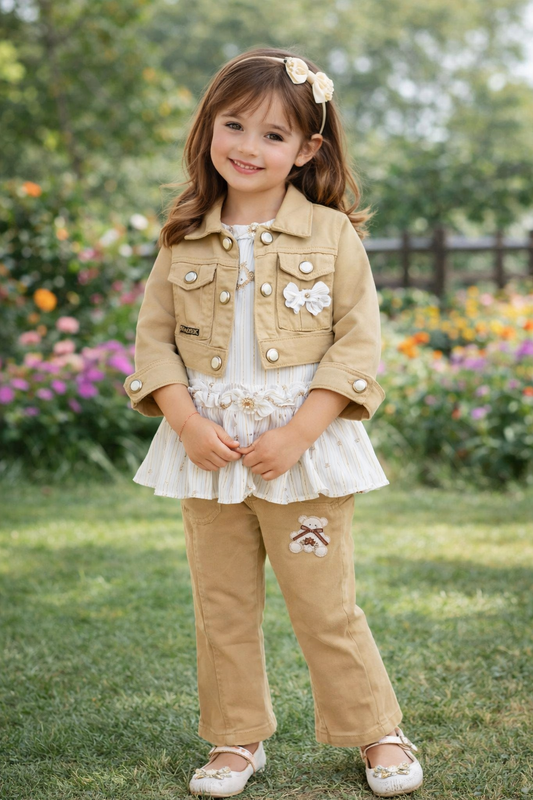Charming Beige and White Three Piece Set: Frock, Jacket, and Jeans