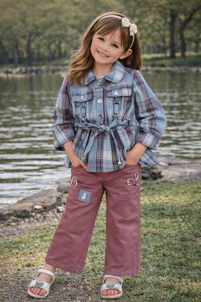 Stylish Plaid Top Girls and Dark Blue Pants Outfit