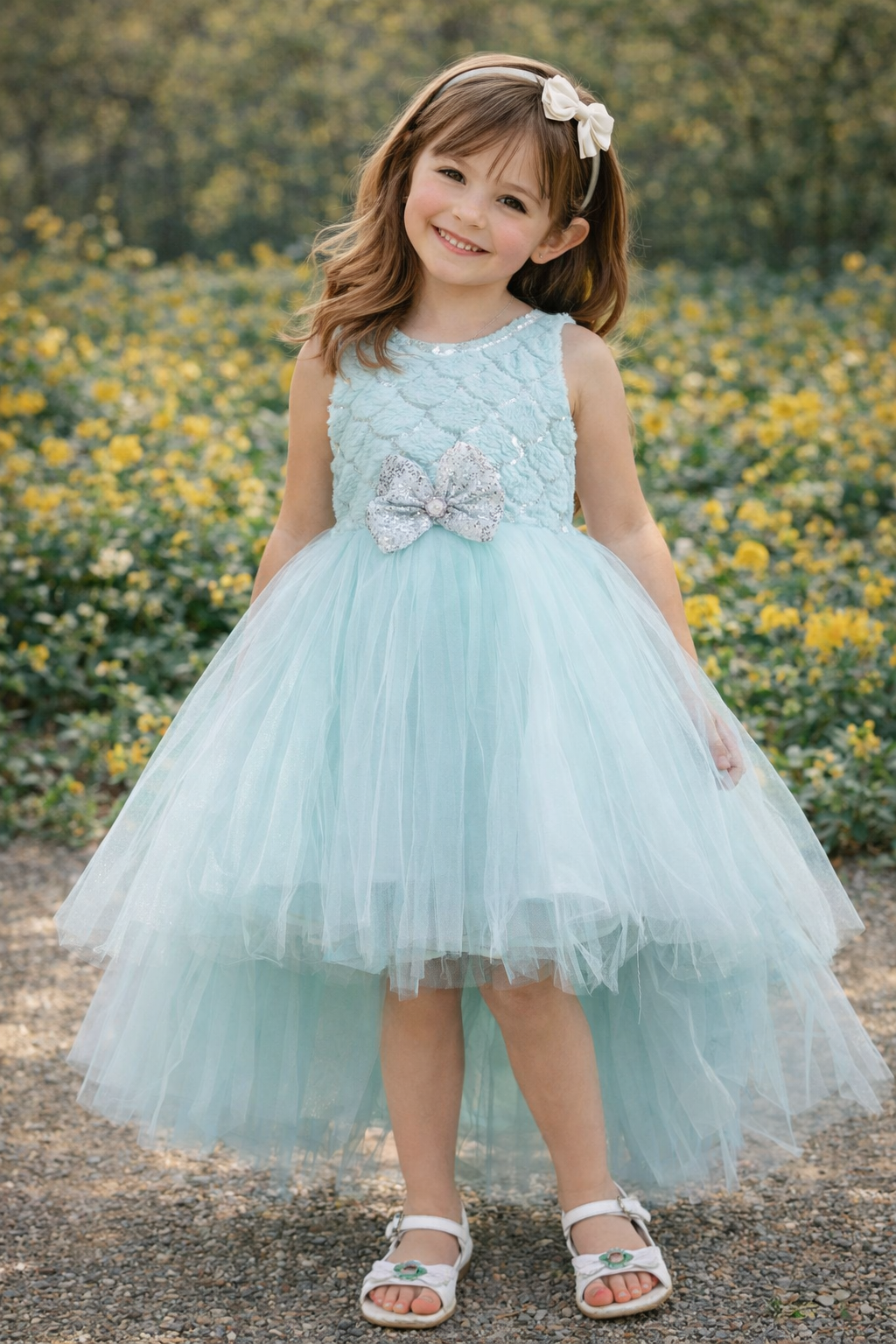 Light Blue Tulle Dress with Sequin Bow - Sleeveless Tulle Dress
