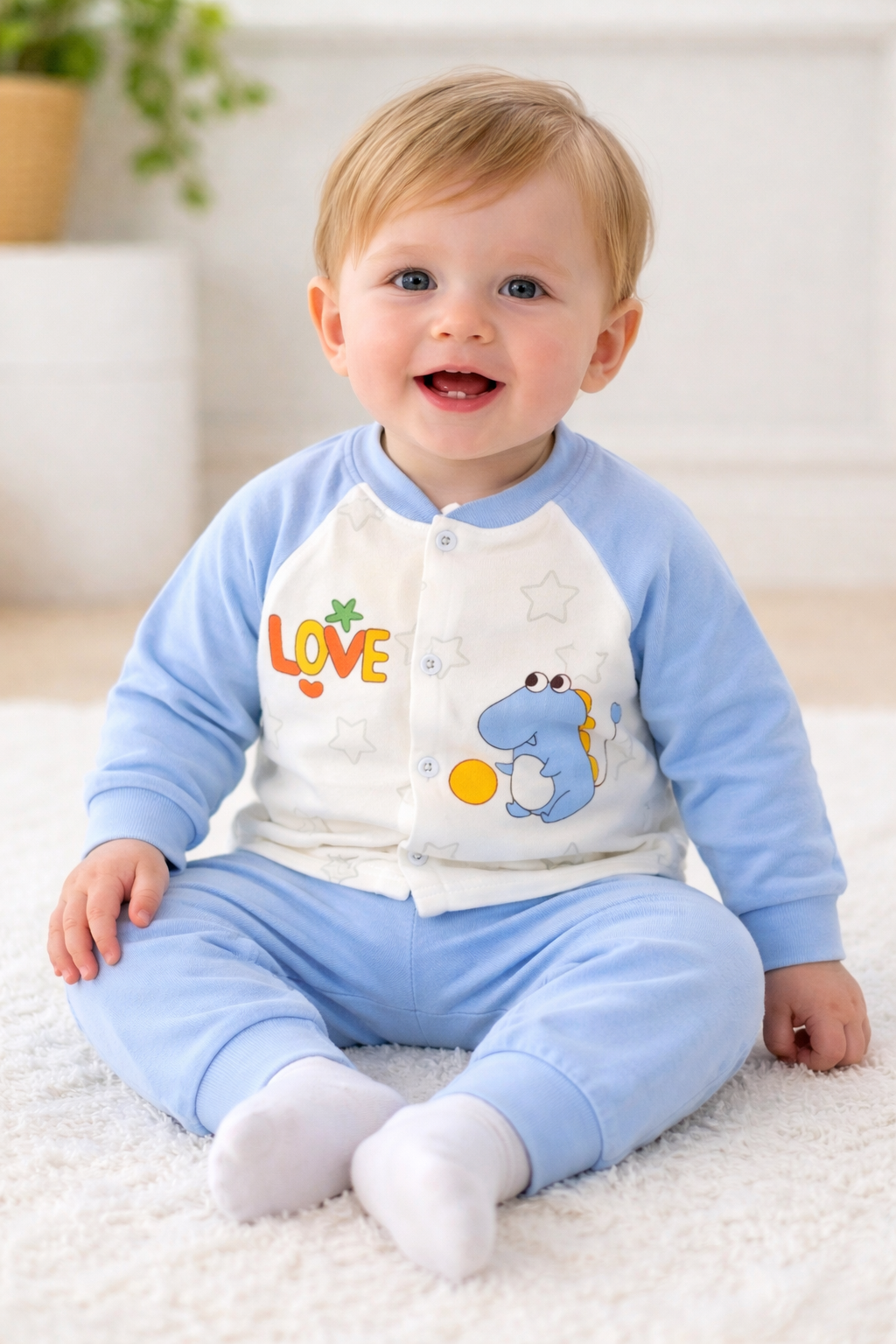 Adorable Blue and Cream Dinosaur Top and Pajama for Kids