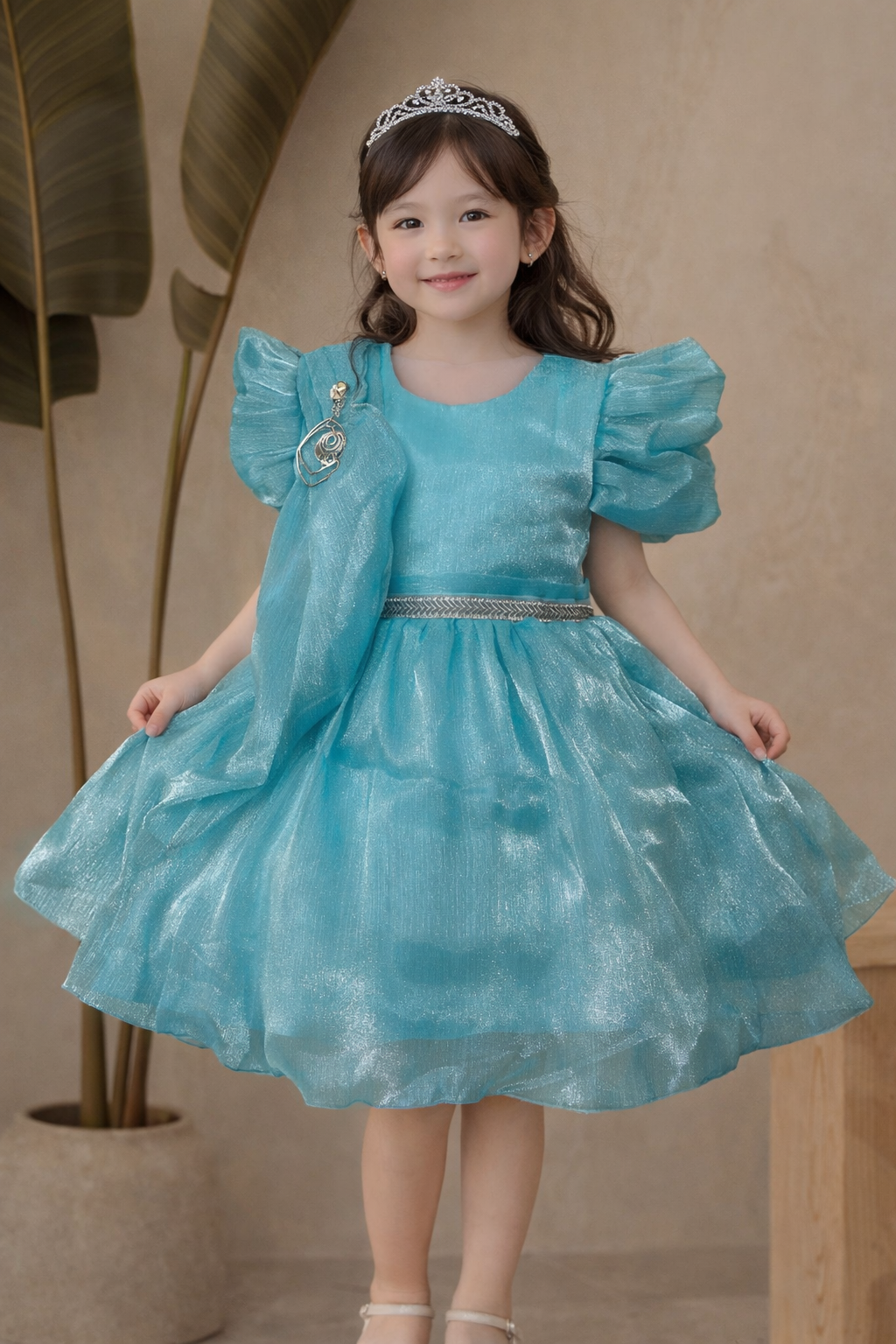 Sky Blue Girls Dress with Shimmering Fabric for Girls