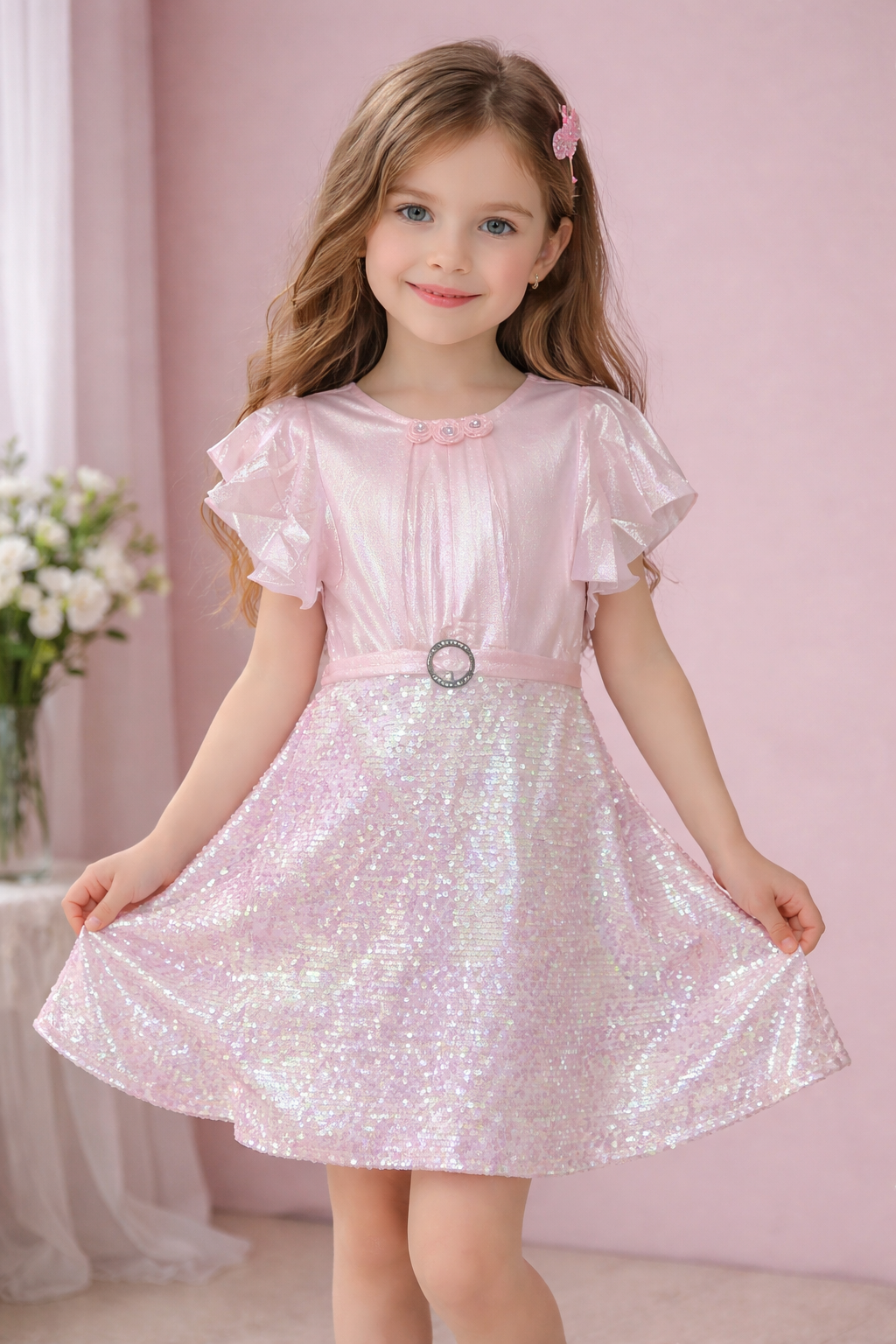 Short-Sleeved Girls Dress with Sequins for Stylish Occasions