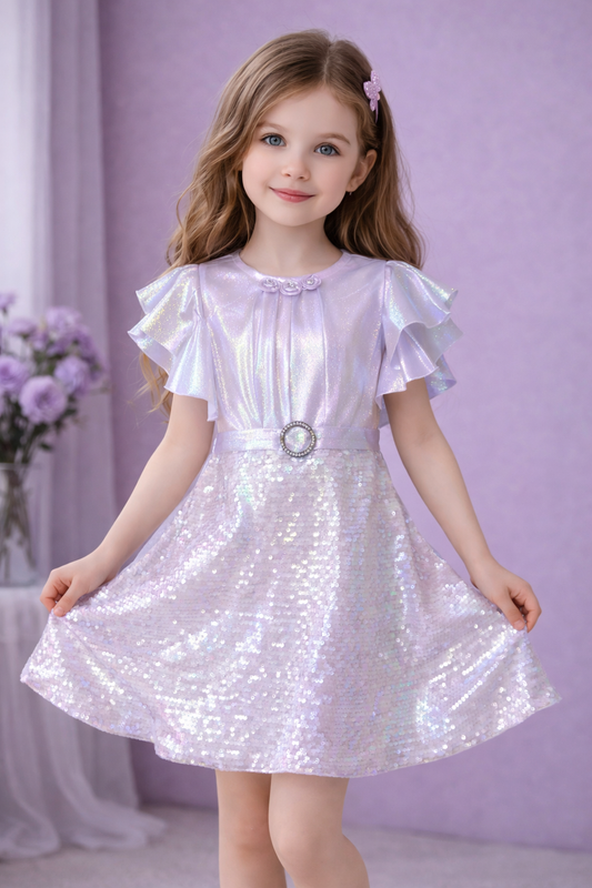 Short-Sleeved Girls Dress with Sequins for Stylish Occasions