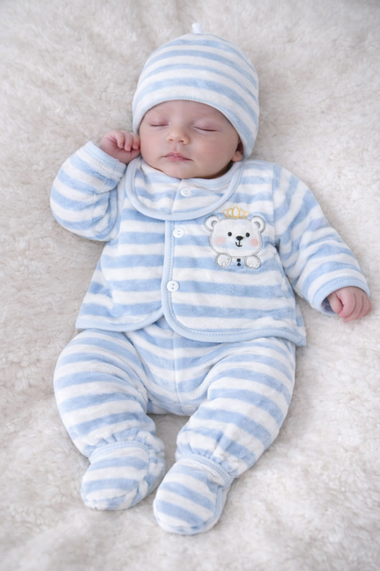 Light Blue Newborn Set with Two Pajamas, Cap, and Bib - Adorable Outfit for Infants