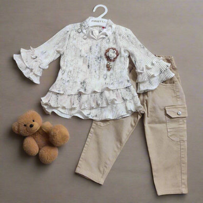 Elegant Floral & Stylish Ruffled white top and beige jeans