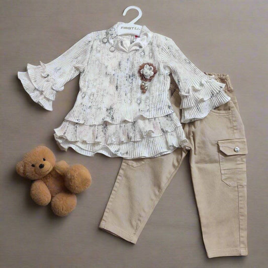 Elegant Floral & Stylish Ruffled white top and beige jeans