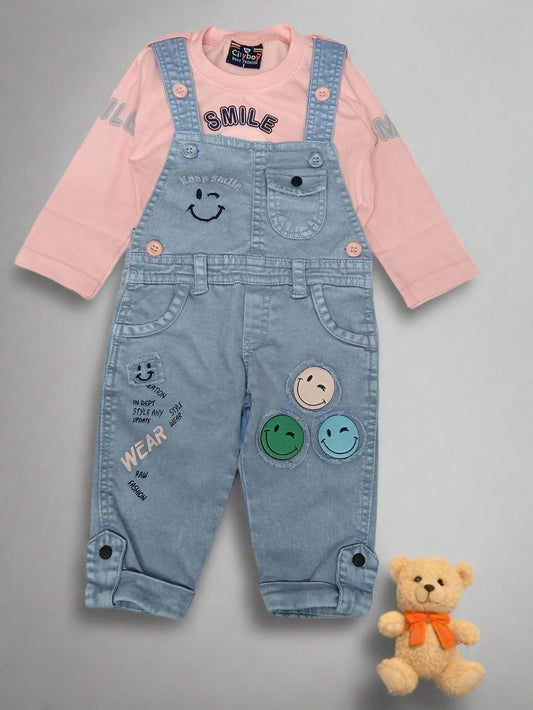 Adorable Denim Dungaree Outfit for Kids with Smiley Faces