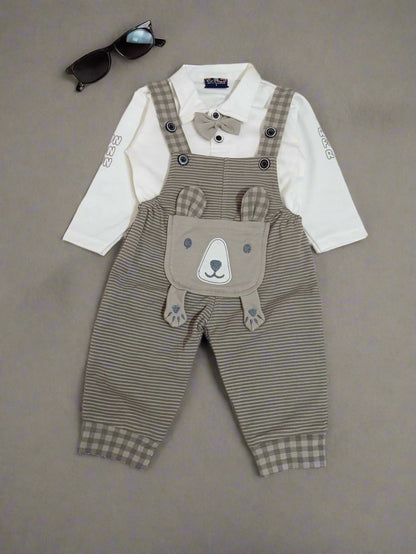 Adorable Striped Baby Overalls Dungaree with Bear Design
