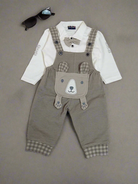 Adorable Striped Baby Overalls Dungaree with Bear Design