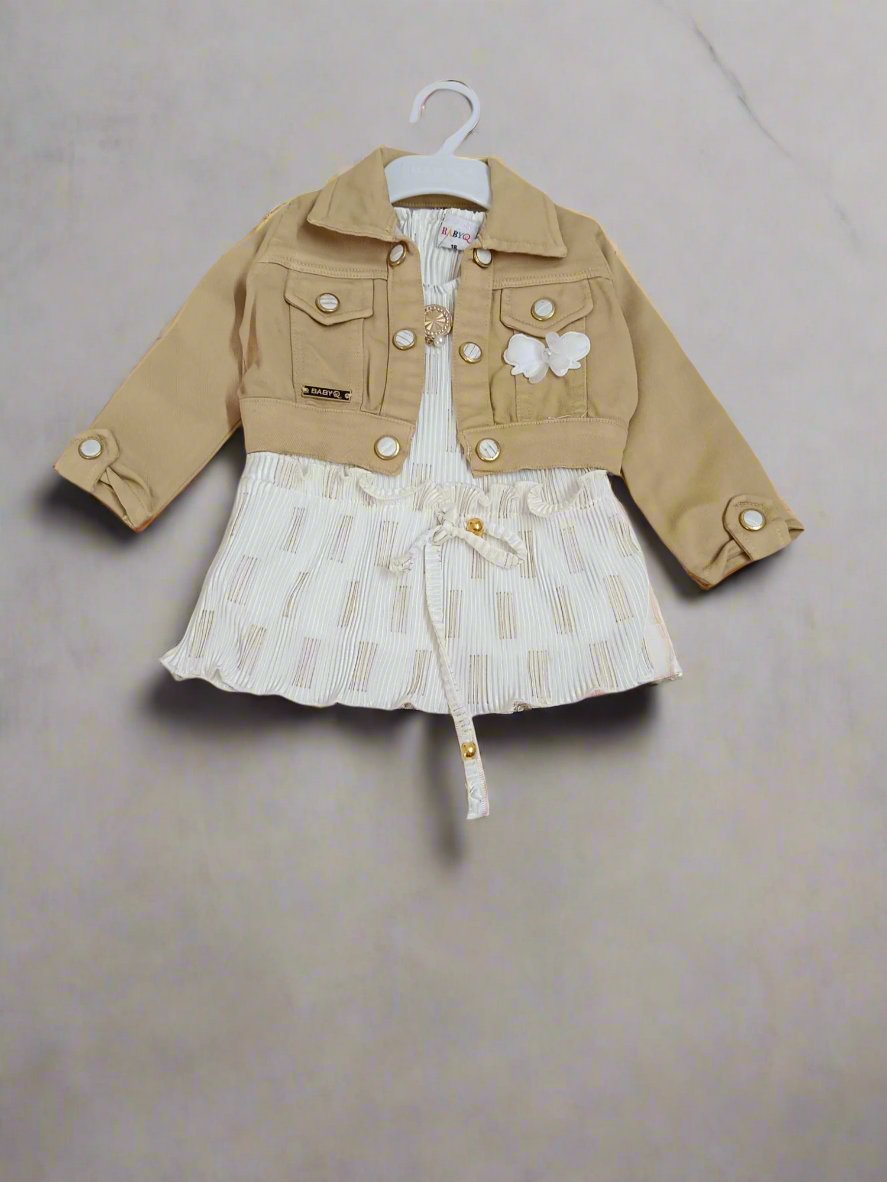 Charming Beige and White Three Piece Set: Frock, Jacket, and Jeans
