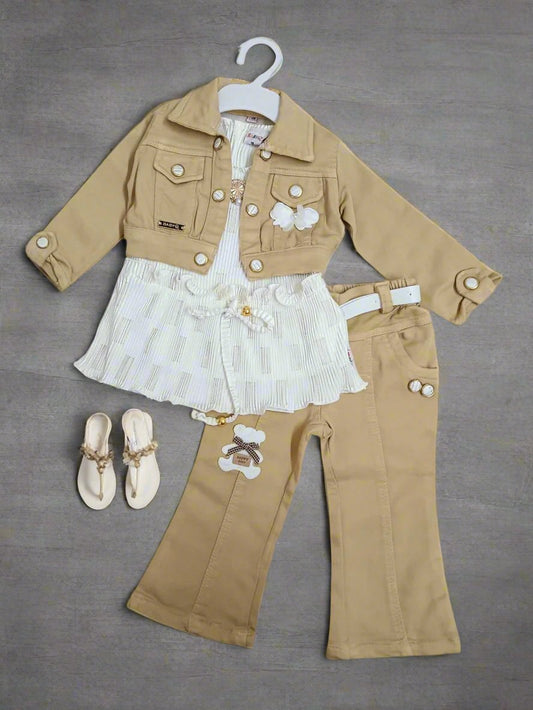 Charming Beige and White Three Piece Set: Frock, Jacket, and Jeans