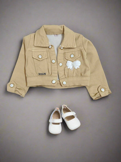 Charming Beige and White Three Piece Set: Frock, Jacket, and Jeans