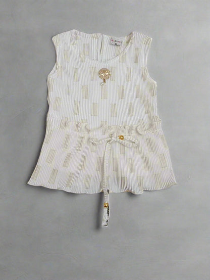 Charming Beige and White Three Piece Set: Frock, Jacket, and Jeans